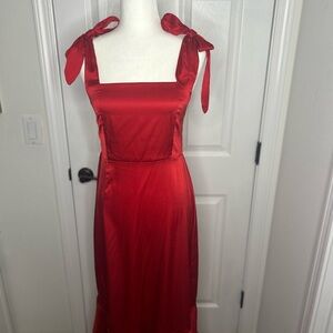 Chic Red Satin Midi Dress with Bow-Tie Straps